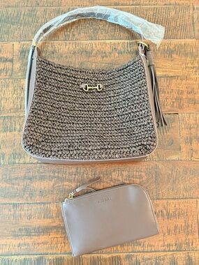 Anne Klein Chocolate Brown Braided Straw Shoulder Bag with Matching Pouch